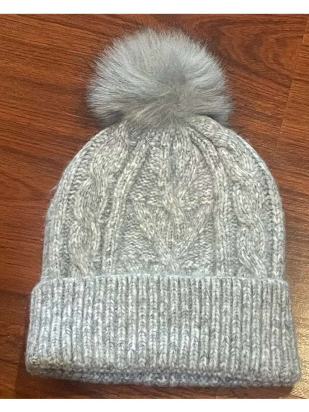 American Eagle Gray Cable Knit Beanie with Faux Fur Pom Pom